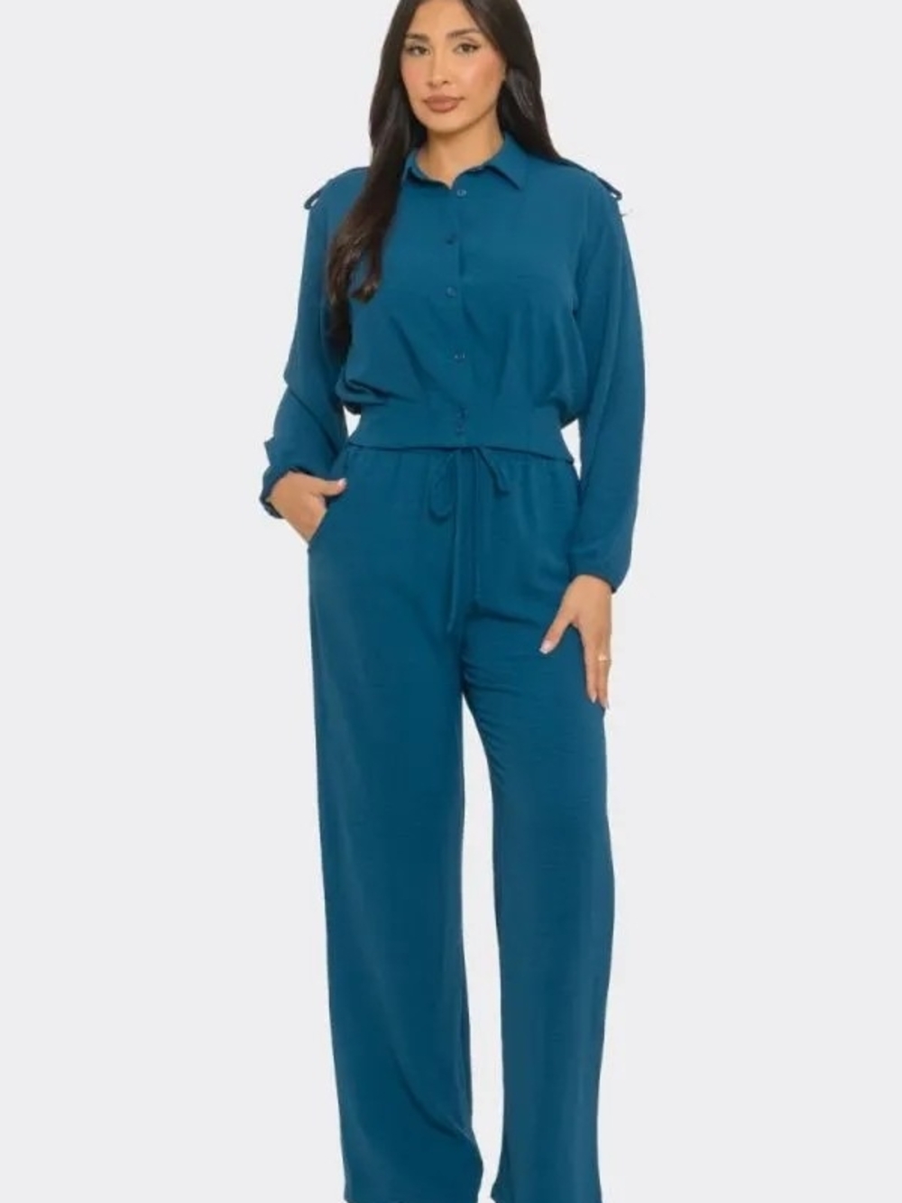 Teal Long Sleeve Button Down Wide-Leg pansuit